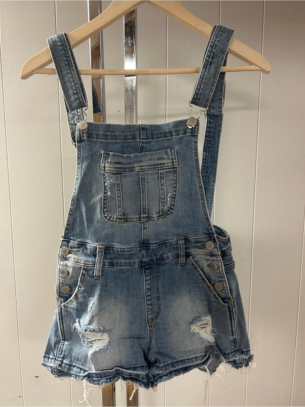 JUDY BLUE Distressed Blue Denim Short Overalls - Women Jeans Small